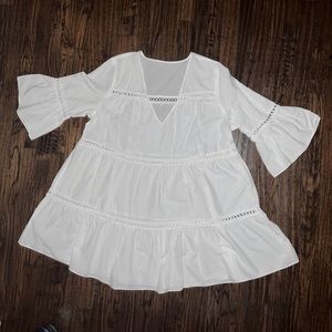 H&M White Cotton Bell Sleeve Beach Dress V-Neck